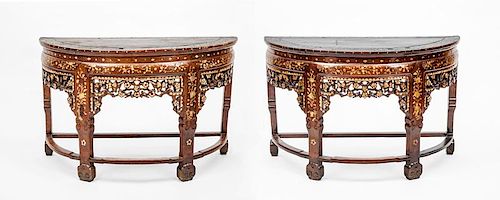 Pair of Chinese Mother-of-Pearl Inlaid Hardwood D-Shaped End Tables