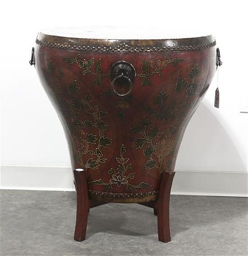 A Chinese Polychrome Decorated Drum Table With Stand, Height 27 x diameter 23 inches.