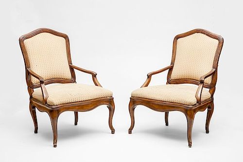 Pair of Italian Rococo Style Carved Walnut Armchairs, 20th C.