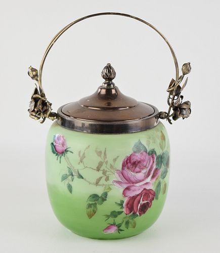 GLASS BISCUIT JAR WITH HAND PAINTED ROSES