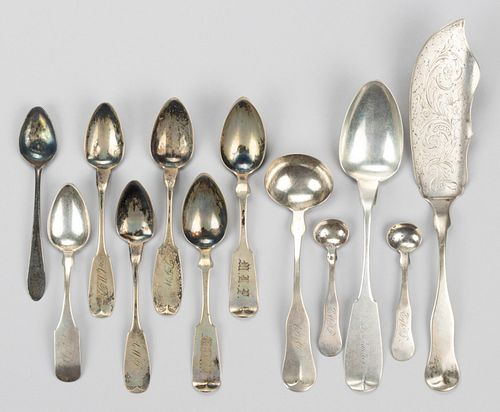 GORHAM AND OTHER AMERICAN COIN SILVER SERVING UTENSILS AND SPOONS, LOT OF 12