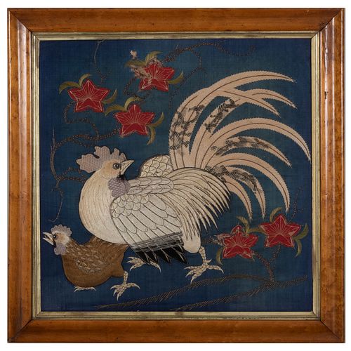 Pair of Export Needlework Roosters and Hens