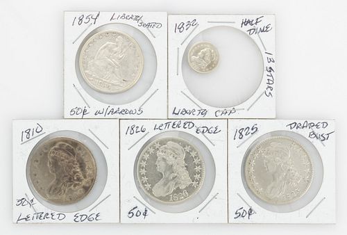 UNITED STATES SILVER EARLY TYPE COINS, LOT OF FIVE