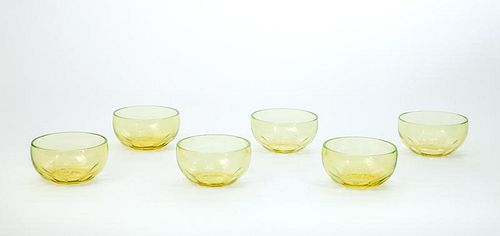 Set of Six Cut and Engraved Vaseline Glass Armorial Finger Bowls