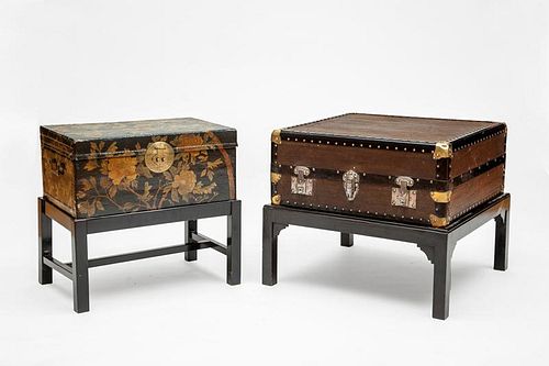 Chinese Leather Box on Stand and Leather Suitcase on Stand