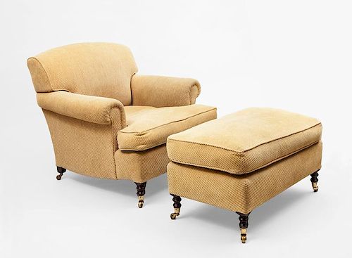 George Smith Chenille Upholstered Club Chair and Matching Ottoman