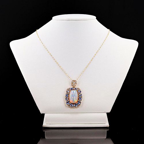 9.33ct Opal, 4.81ctw Blue Sapphire and 0.82ctw Diamond 14K Yellow and White Gold Pendant