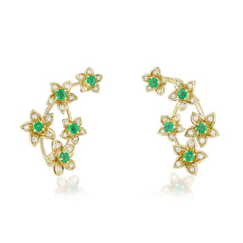 Emerald and Diamond Flower Gold Earrings
