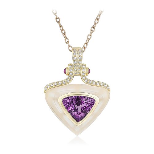 Amethyst Rock Crystal and Diamond Gold Pendant with Gold Chain