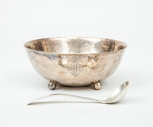 American Monogrammed and Hammered Silver Tripod Bowl and a Gebelein Sauce Ladle