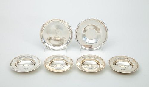 Set of Four English Silver Ashtrays, a Crested Silver Stand and a Silver-Plated Stand