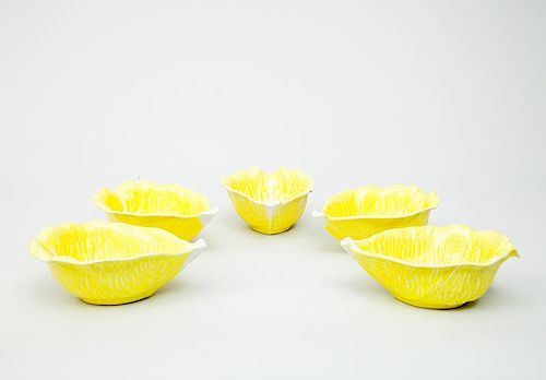 Set of Five Portuguese Majolica Yellow Lettuce Leaf-Form Bowls