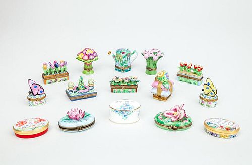 Twelve Limoges Porcelain Botanical or Butterfly Boxes, a Crown Staffordshire "Forgot Me Knot" Box, and Two Halcyon Days Ename