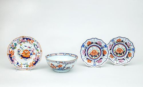 Chinese Export Porcelain Imari Punch Bowl, Two English 'Stone China' Soup Plates, and a Mason's Ironstone Plate