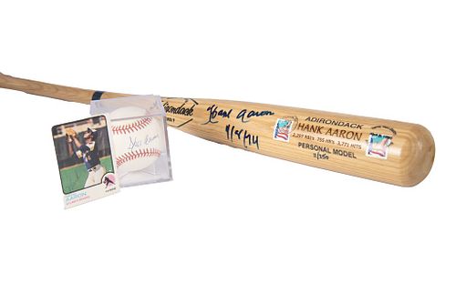 Hank Aaron Autographed Baseball, Bat & Card