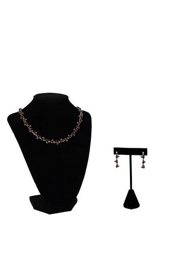Sterling Silver Necklace & Earrings with Garnets