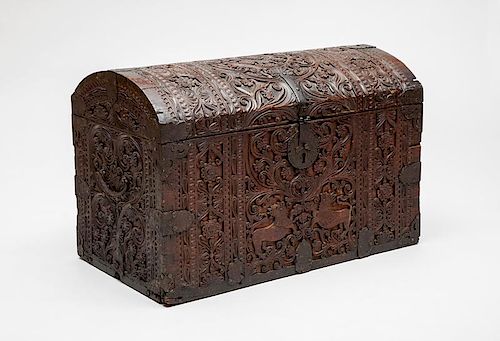 Indo-Portuguese Metal-Mounted Carved Walnut Trunk