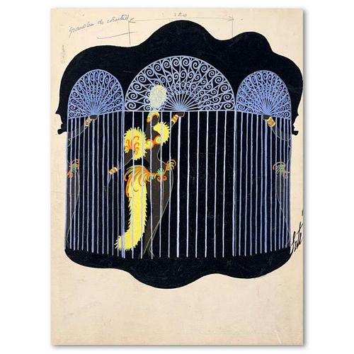 Erte (1892-1990), "Oiseaux, cage" Original Gauche Painting, Hand Signed with Letter of Authenticity.