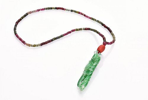 Jadeite, tourmaline and coral necklace with GIA