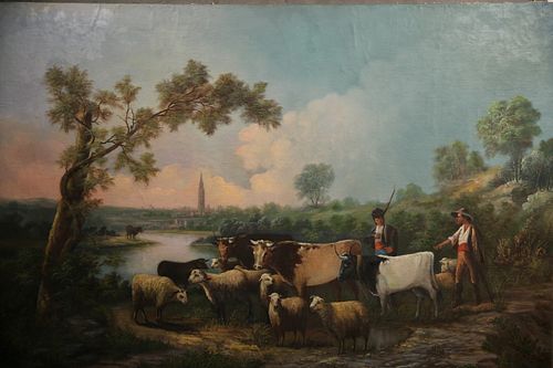 Oil on Canvas Landscape with Shepherd