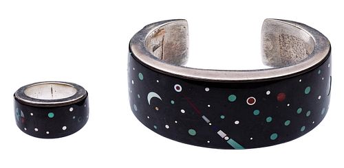 Jesse Monongya (Hopi-Dine, b.1952) Sterling Silver 'Review of the Universe' Cuff Bracelet and Ring