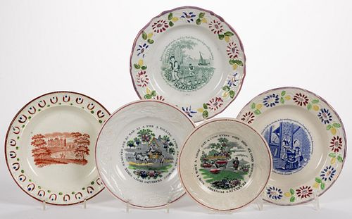 ENGLISH FRANKLIN'S MAXIMS / PROVERBS TRANSFER-PRINTED CERAMIC PLATES, LOT OF FOUR