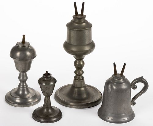 ASSORTED PEWTER FLUID AND WHALE OIL LAMPS, LOT OF FOUR