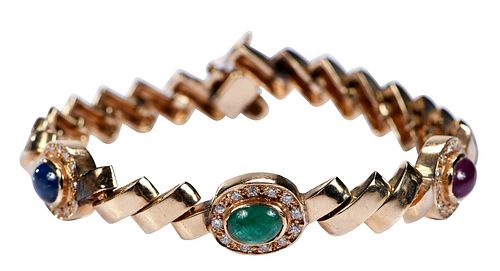 Cabochon Cut Ruby, Emerald, and Blue Sapphire, Diamond Bracelet