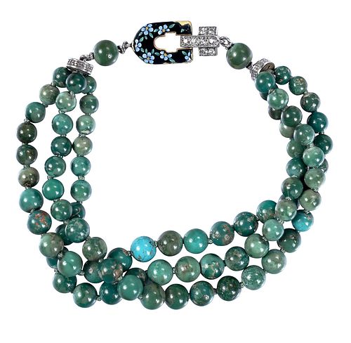 Mid Century Wedderien, Three Strand Turquoise Bead, Enamel and Diamond Bracelet 
