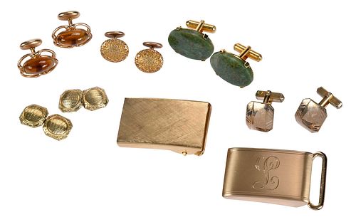 Group of Gold Filled Cuff Links, and Two Belt Buckles