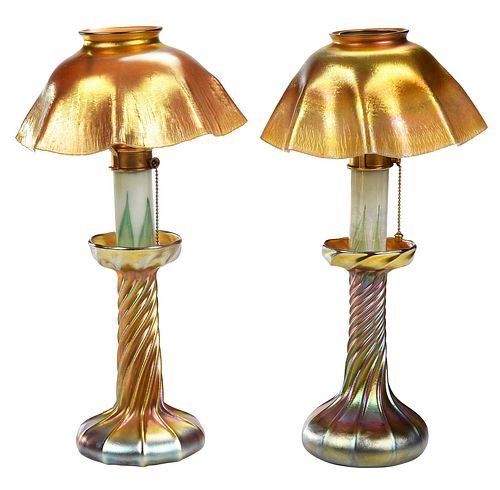 Pair of Tiffany Favrile Candlestick Lamps with Ruffled Shades
