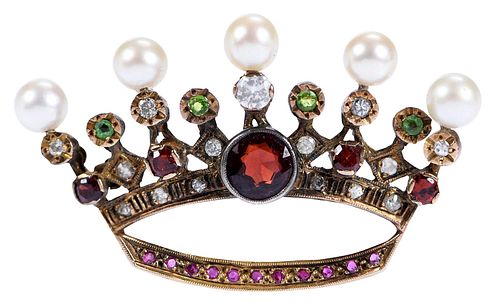 14kt. Gemstone and Pearl Crown Brooch 