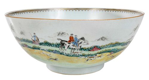 Large Chinese Export Porcelain Punch Bowl with Hunting Scenes