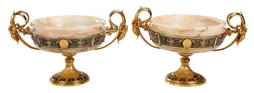 Pair of Gilt Bronze Mounted Onyx and Champleve Compotes