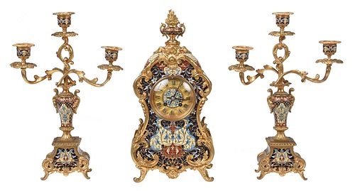 Ad Mougin Gilt Bronze Mounted Champleve Mantel Clock Garniture