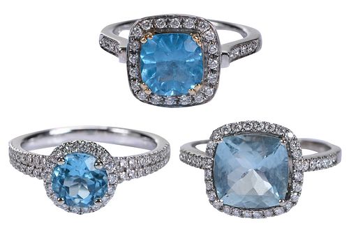 Three 14kt. Diamond Halo and Blue Stone Rings