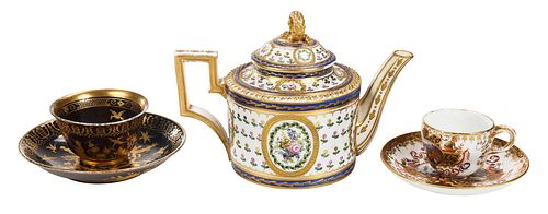 Continental Porcelain Teapot and Two Tea Cups with Saucers, Sevres and Meissen