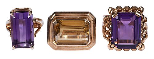 Three Ladies Gold Gemstone Rings, Citrine and Amethyst