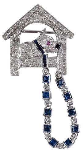 White Gold, Diamond, Sapphire, and Ruby "Dog on Leash" Brooch