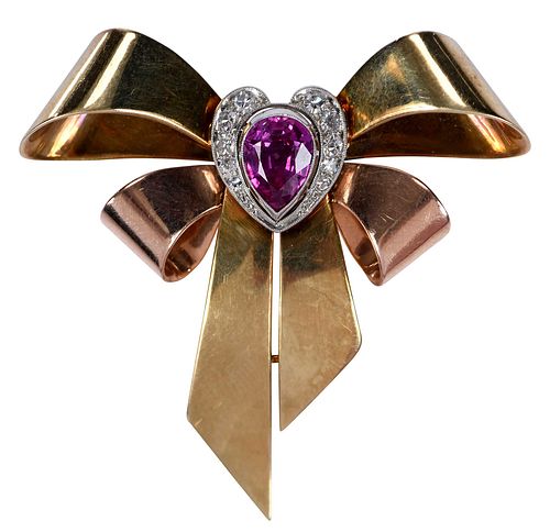 14kt. Tri Color Gold Ruby and Diamond Brooch