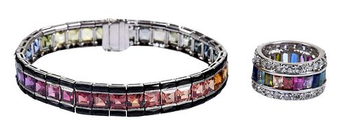 Multi Colored Sapphire and Black Onyx Bracelet, Ring with Diamonds