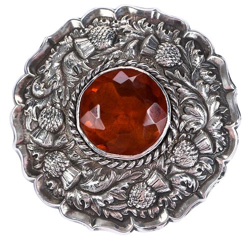 Large Sterling Silver Citrine Colored Glass Scottish Brooch