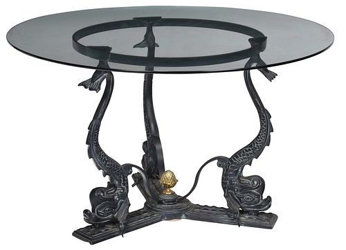 Neoclassical Style Glass Top and Patinated Metal Table