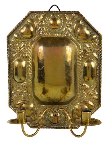 Flemish Brass Repousse Two Light Sconce