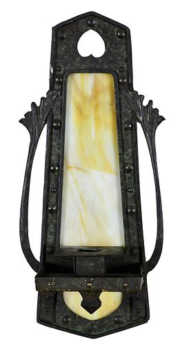 Arts and Crafts Metal and Slag Glass Candle Sconce