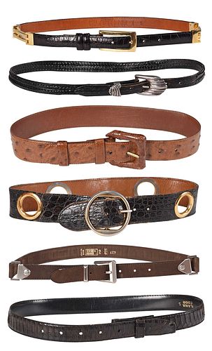 Six Assorted Leather Ladies Belts, Versace and Gucci
