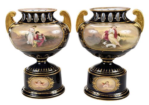 Two Rudolstadt Cobalt and Gilt Painted Porcelain Urns