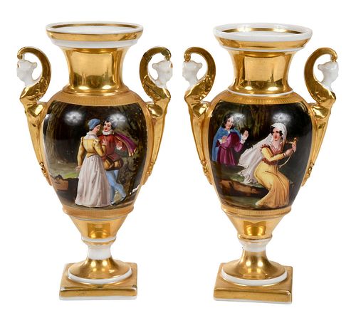 Two Old Paris Porcelain Painted and Gilt Urns