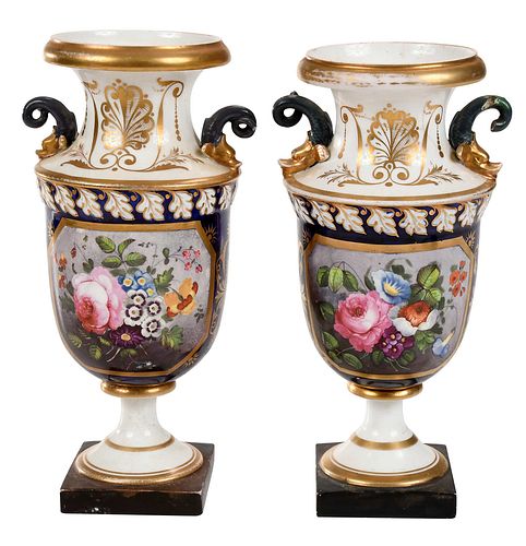 Pair of Derby Cobalt and Gilt Painted Porcelain Urns