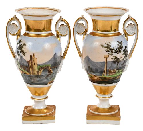 Pair of Old Paris Porcelain Painted and Gilt Urns